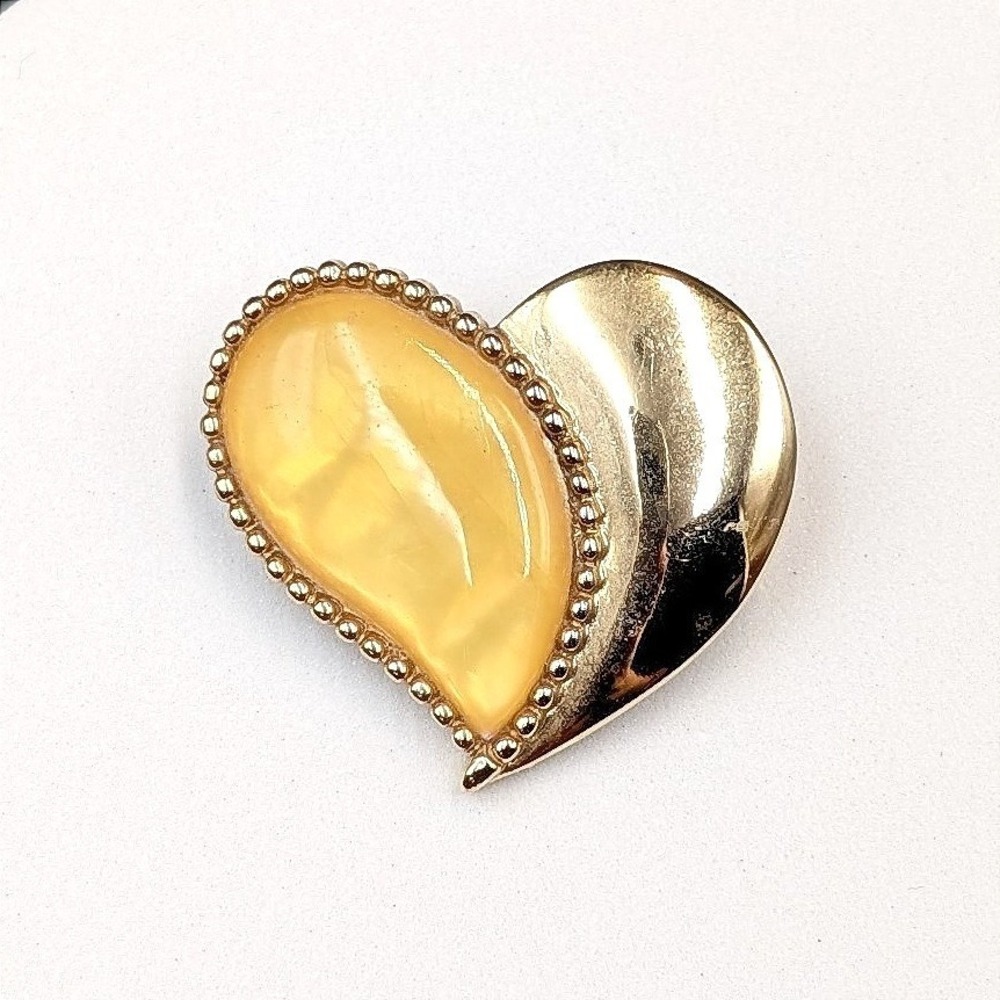 Vintage Gold Heart Brooch Yellow Cabochon Pin Retro Costume
